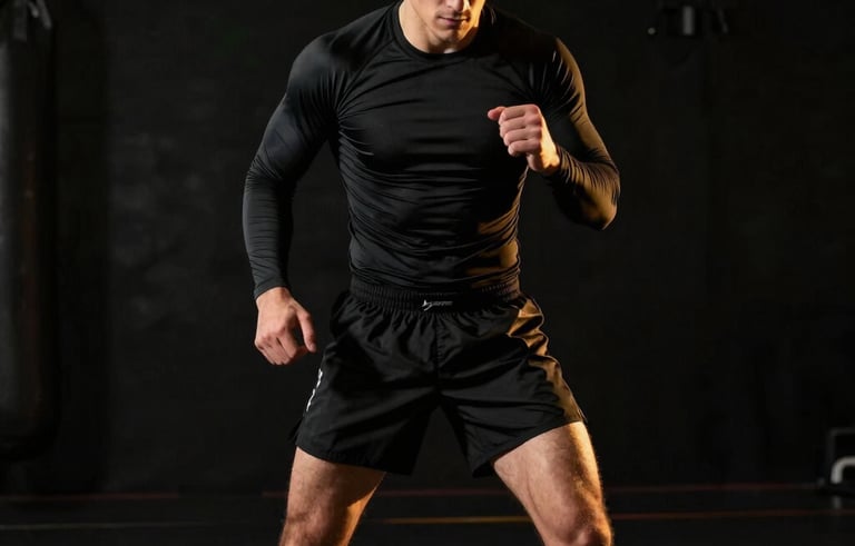 A focused male athlete training in a high-performance MMA gym. He wears a long black compression top and black training shorts that extend below his knees. Global / Performance Athletics. The lighting is cinematic and dark with golden highlights, focusing on his intensity and movement.