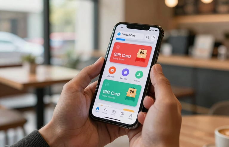A close-up shot of a hand holding a modern smartphone in a bright, contemporary Indian cafe. The phone screen displays a vibrant digital gift card interface. The lighting is warm and natural, suggesting a professional and energetic atmosphere.