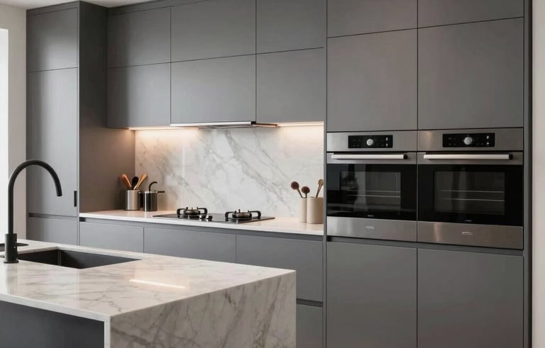 Professional photography of a sleek, high-end modern kitchen in a Spanish home, featuring steel gray cabinetry, white marble countertops, and integrated appliances with minimalist lighting.