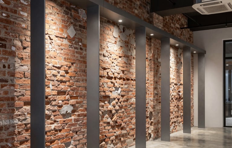 Photography of a contemporary boutique or local business interior in Barcelona, showcasing renovated industrial-style brick walls, modern steel gray lighting fixtures, and polished concrete floors.