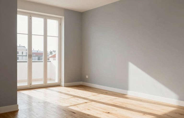 Interior photography of a bright, modern European residential apartment in Spain after renovation, featuring light oak wooden floors and sage gray walls, minimalist furniture, soft natural sunlight from large windows, professional architectural style.