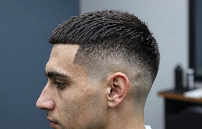 Close-up of a sharp, professional skin fade haircut on a man, emphasizing clean lines around the temple and ear. Soft studio lighting, masculine atmosphere, European / Romanian barber shop setting, featuring Slate Blue and Light Gray tones in the background.