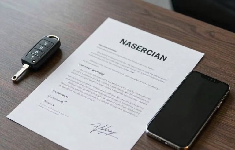 Top-down view of a professional desk in a high-rise office, featuring a luxury car key, a high-end smartphone, and a signed contract, clean and modern North American business style.