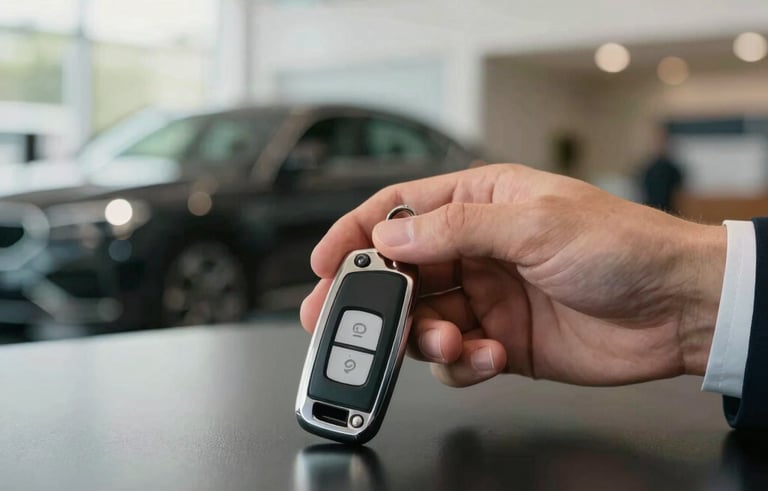 A close-up of a professional&amp;amp;amp;#x27;s hand holding a luxury car key fob over a polished black desk, bright showroom lighting in a modern North American dealership.