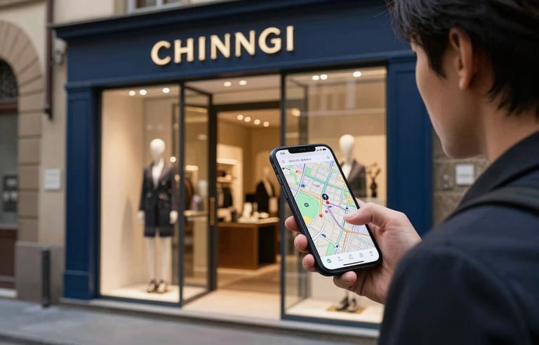 An elegant street view of a boutique shop in Florence, an European / Italian Chinese customer using a smartphone to find the location on a map app. Sand and dark blue color palette, high-end photography style.