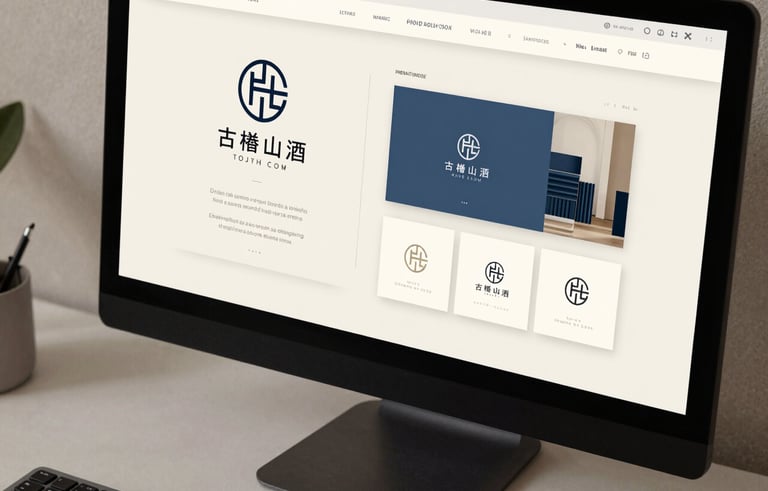 A close-up of a designer's desk in Rome, featuring a high-end monitor showing a modern logo construction and brand identity guidelines for an Italian Chinese luxury brand. Off-white and slate blue tones.