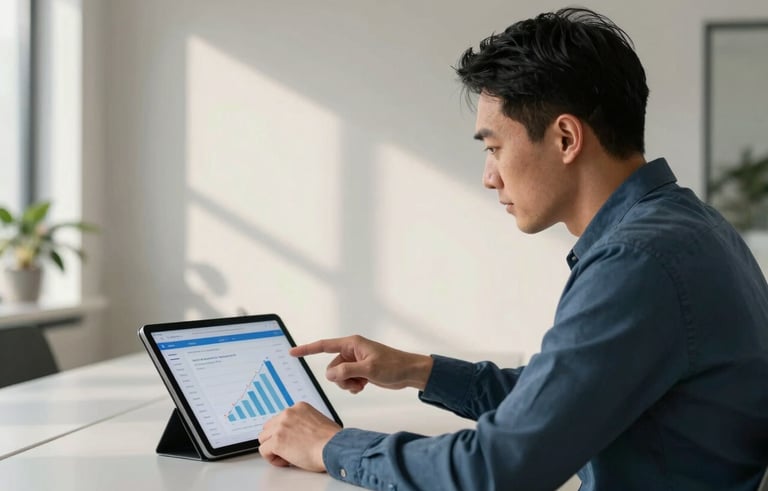 A professional European / Italian Chinese digital marketer in a minimalist Milan office, pointing at a tablet screen displaying social media reach charts. Soft morning light, sophisticated atmosphere with slate blue and off-white accents.