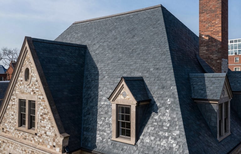 A wide-angle shot of a stately home in New York City featuring a pristine, newly installed dark navy slate roof. The architecture looks secure and durable under a clear sky, professional real estate photography style.