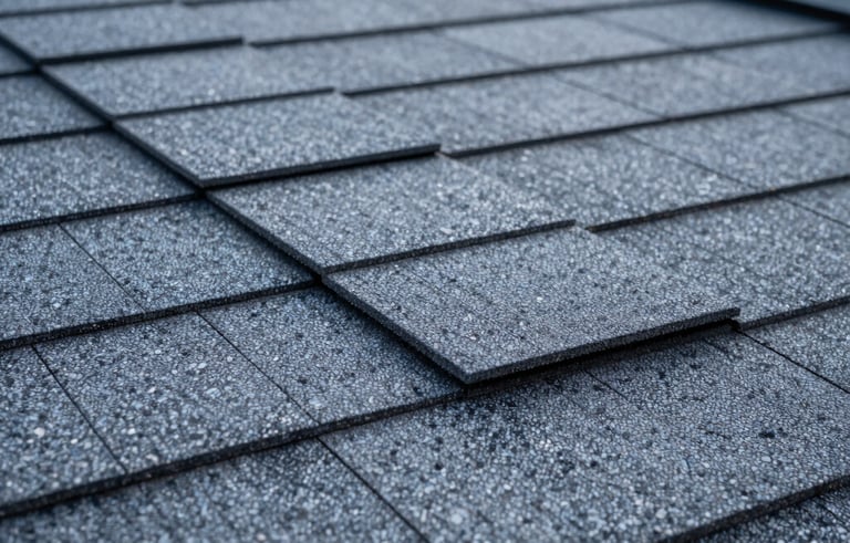 Professional macro photography of high-strength wind-resistant roofing shingles being installed on a New York City home. Sharp detail on the interlocking layers, cool storm gray and steel blue color palette, North American / US context.