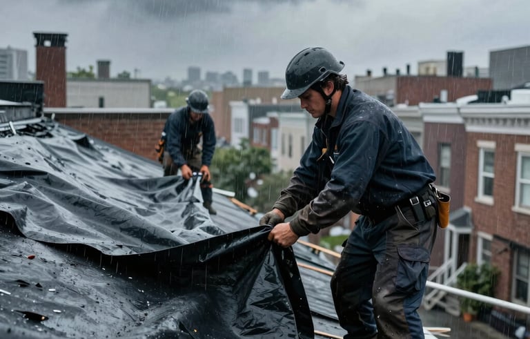 Medium shot photography of a professional roofing crew in dark navy storm gear securing a heavy-duty tarp over a damaged rooftop during a rainstorm in a New York City residential neighborhood. Dramatic lighting, storm gray atmosphere, emphasizing urgency and protection.