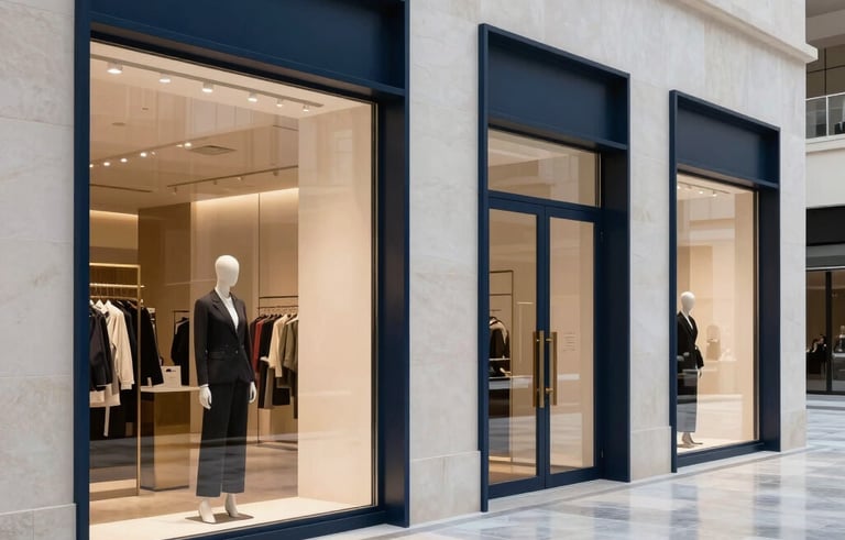 High-end commercial storefront photography in a modern Middle Eastern / Gulf plaza, with minimalist architecture, polished ice-colored stone floors, and sophisticated dark navy window frames.
