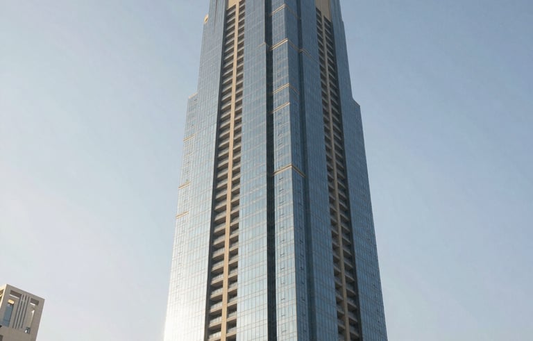 Professional architectural photography of a sleek high-rise residential tower in Ajman, Middle Eastern / Gulf metropolitan setting, bright morning light hitting the glass and mist-colored facade.