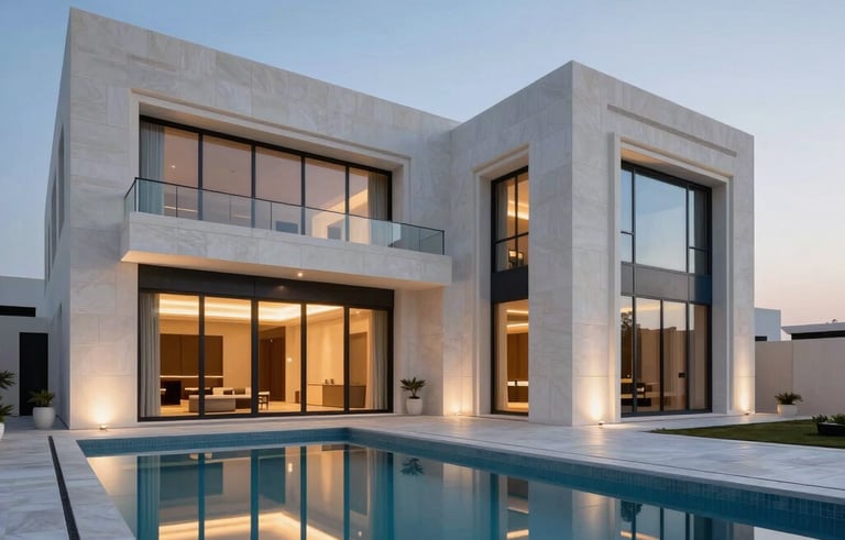 A wide-angle professional photograph of a luxury contemporary villa in Ajman, featuring clean Middle Eastern / Gulf architectural lines with white stone and dark navy glass. The scene is set at twilight with a private pool reflecting the light blue sky and the soft ice-colored glow from the interior lights.