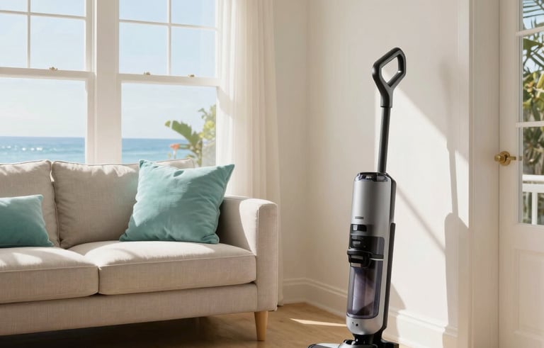 A bright, high-end North American / US home interior, featuring a meticulously cleaned living room with warm sunlight streaming through large windows. Fresh, airy coastal vibe with light alabaster walls and soft turquoise cushions. A modern vacuum cleaner stands neatly in the corner. Professional editorial photography, crisp details, showcasing ultimate cleanliness and reliability.