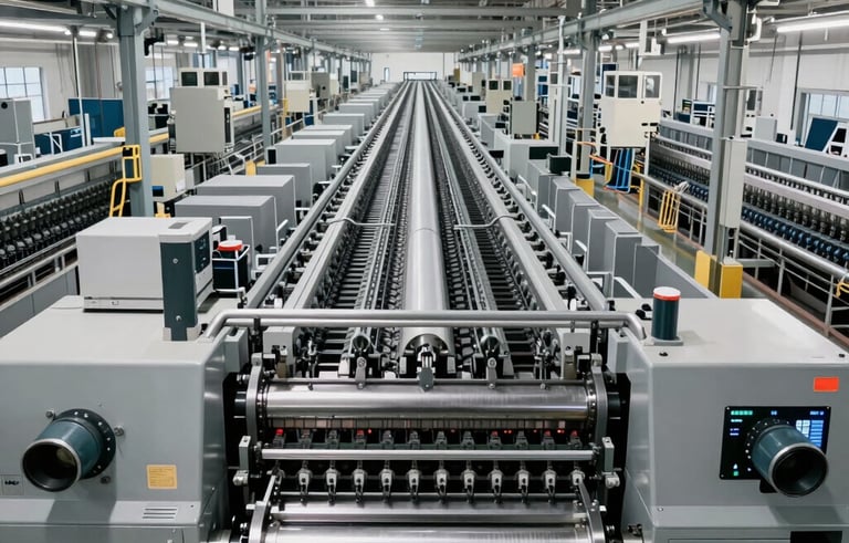 A wide angle view of a modern paper production facility, showcasing long rows of clean, automated machinery. Central European / German factory setting. Elegant, technical, and highly organized.