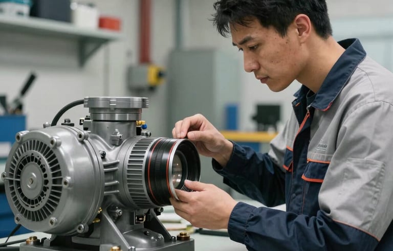 A skilled technician in neat workwear inspecting a large industrial pump on a workbench. The environment suggests a high-end repair workshop in Central Europe. The mood is focused and professional.