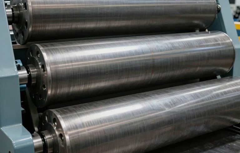 Close-up of a large, heavy-duty industrial paper machine roller, showing precision engineering and metallic textures, set in a clean manufacturing plant. Central European / German industrial setting. Lighting is bright and technical.