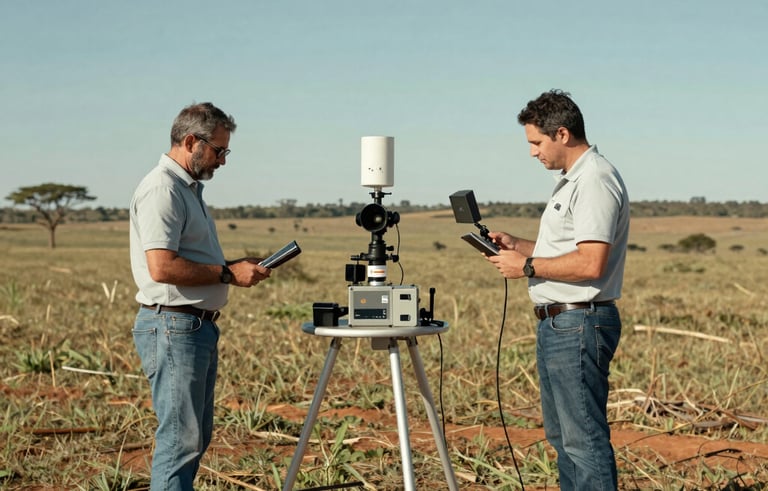 Geophysical survey experts using electronic sensors and ground penetrating equipment on a vast terrain in the Brasília region, South American / Brazilian landscape, clear sky, professional engineering atmosphere, using light gray and sage green colors.