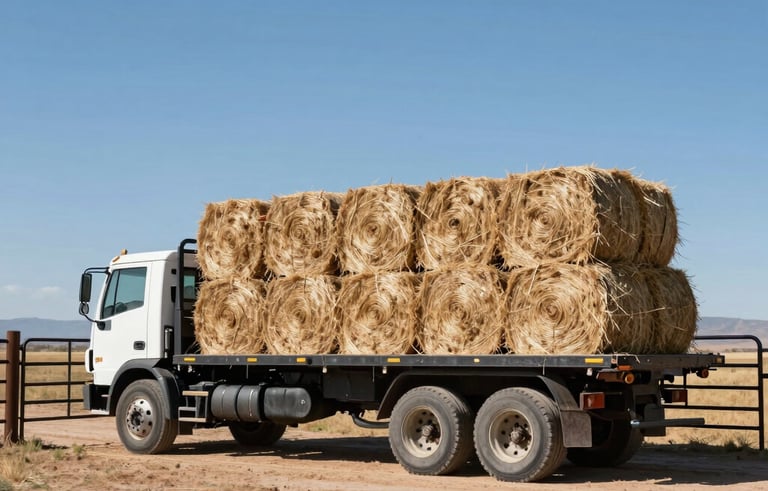 A flatbed truck loaded with uniform hay bales parked near a ranch gate in the North American Southwest. The composition is clean and professional, with a bright blue sky overhead.