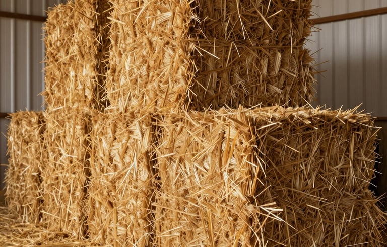 A professional photograph of high-quality, golden wheat straw bales stacked neatly inside a clean, modern barn in the North American Southwest. The lighting is warm and natural, highlighting the clean texture of the straw.