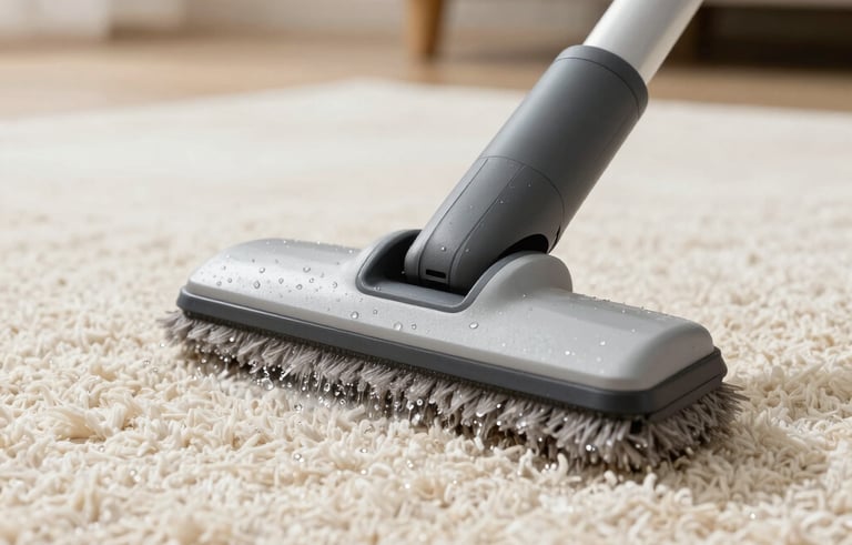 Macro shot of a specialized carpet cleaning head at work on a plush cream-colored rug in a German living room. Small water droplets are visible as they are extracted. The lighting is clean and bright, conveying deep hygiene and freshness.