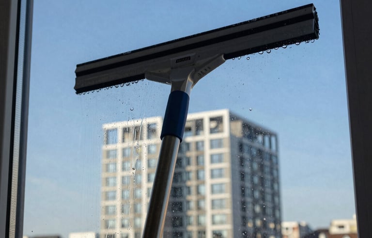 A close-up of a window squeegee clearing soapy water from a large glass pane. A clear blue sky and modern Central European architecture are reflected in the glass. The composition is dynamic and sharp, highlighting cleanliness and clarity.