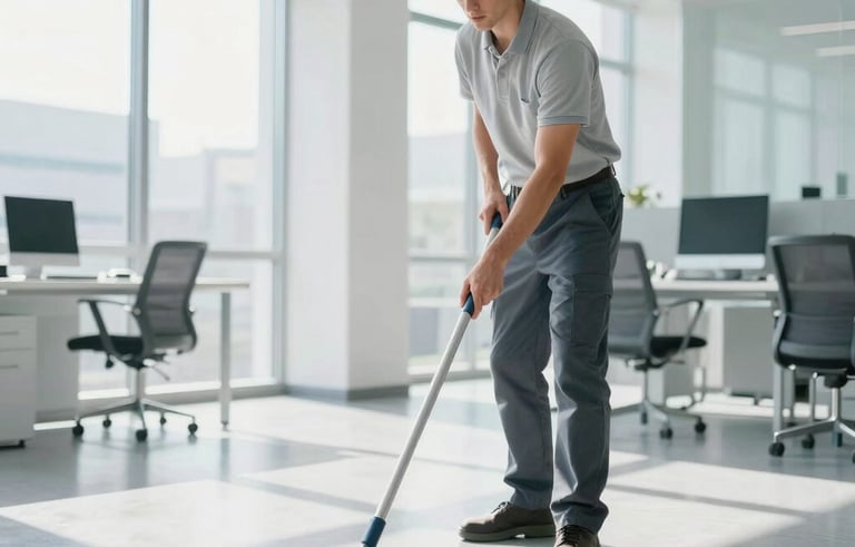 A professional cleaner in a bright, modern office space in Central Europe, using a high-quality mop on a polished gray floor. Sunlight streams through large windows, highlighting the clean, minimalist environment. The scene is dominated by white and pale blue tones.