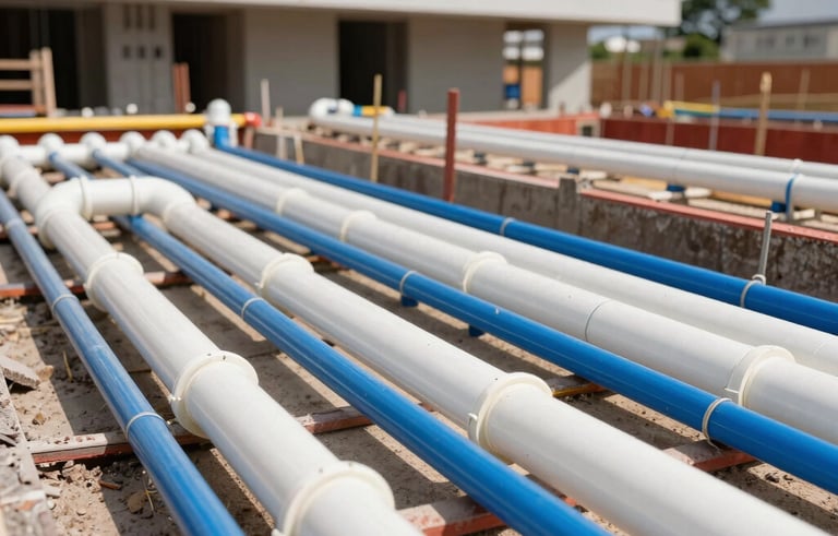 A professional view of a construction site in Brazil showing an organized layout of blue and white PVC plumbing pipes installed in the foundation of a modern building. Sunlight highlights the clean installation.