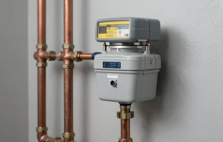 A modern gas meter installation inside a clean, well-lit service area of a Brazilian apartment complex. Copper pipes are neatly arranged against a light grey wall, showcasing technical expertise and safety.