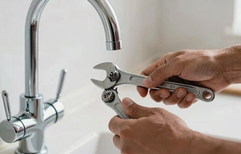 Close-up of a professional plumber's hands using a wrench to install a modern chrome faucet in a bright, contemporary South American kitchen. The lighting is natural and clean, highlighting the precision of the work.