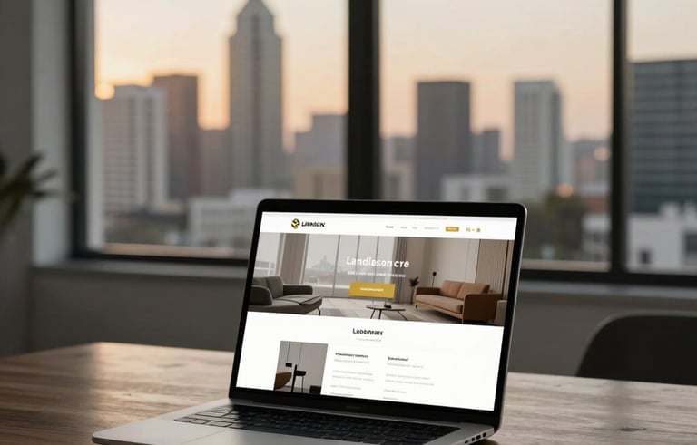 A minimalist, high-end South African design studio workspace. A sleek laptop on a dark wooden desk displays a professional landing page layout with gold accents. In the background, a large window reveals a soft-focus urban Johannesburg skyline during the gold-toned dusk. Professional, clean, and results-driven atmosphere.