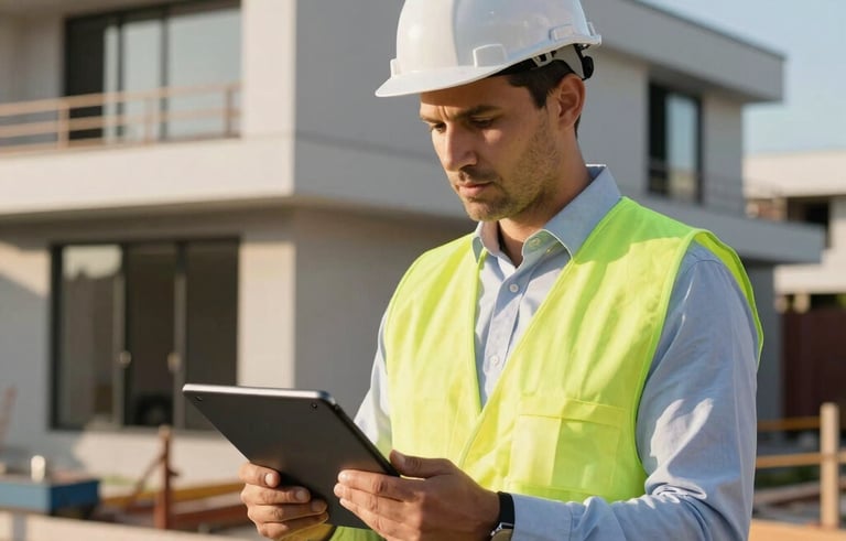 A professional South African construction site manager wearing a high-visibility vest over a smart collared shirt, reviewing project data on a modern tablet. The lighting is bright and warm, characteristic of a clear South African afternoon. The background features a clean, developing residential structure with sharp architectural lines, reflecting strategic growth and luxury minimalism.