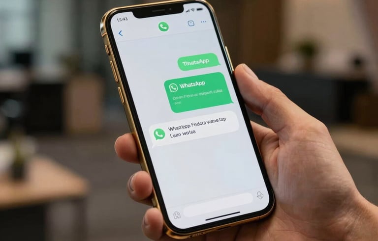 Close-up of a hand holding a gold-trimmed smartphone in a modern, luxury South African office setting. The screen shows active WhatsApp lead notifications. The lighting is sophisticated, with dark shadows and warm golden highlights, conveying a sense of profitable business activity and strategic follow-up.