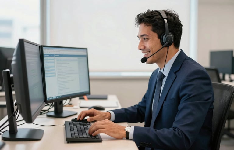 A professional South American tele-service agent wearing a modern headset, smiling while working at a clean, ergonomic desk with dual monitors in a high-tech office in São Paulo. The lighting is bright and natural. The color palette includes navy blue and soft off-white.