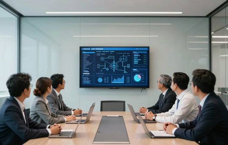 A group of professional South American executives in a collaborative meeting in a sleek, glass-walled boardroom. A screen shows a complex communication dashboard. Modern minimalist design with light blue and off-white accents.