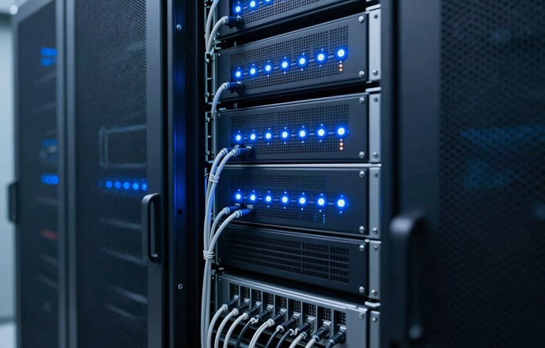 Close-up of a high-tech server rack in a modern Brazilian data center with glowing light blue indicators and neat cabling. The atmosphere is sterile, efficient, and sophisticated, dominated by deep navy blue tones.