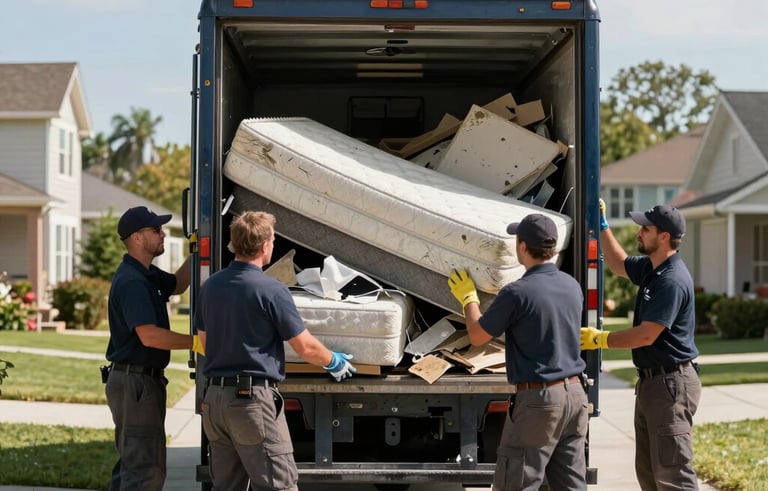 A professional cleanup crew in work uniforms loading heavy construction debris and an old mattress into a clean dark blue truck, North American suburban driveway setting, bright and clear daylight.