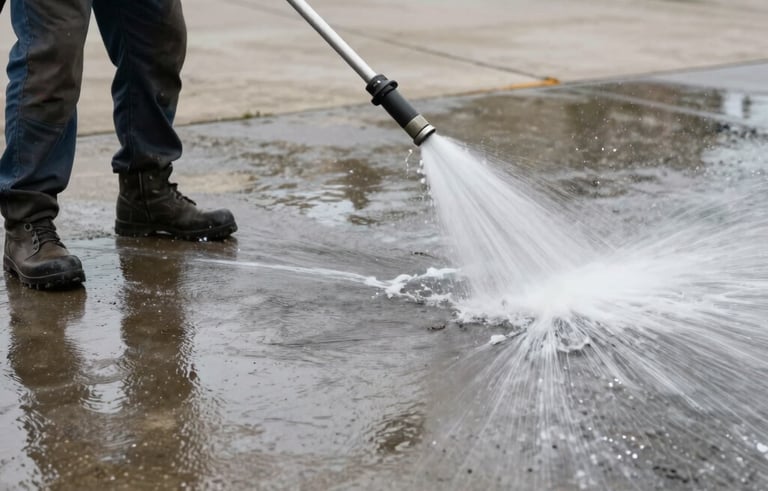 A high-action shot of a professional worker pressure washing a stained North American driveway, revealing the clean gray concrete beneath a spray of water.