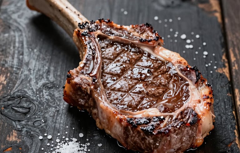 High-quality food photography of a perfectly cooked Angus ribeye steak on a rustic dark wood surface, garnished with salt, warm inviting lighting, representing premium South American culinary standards.