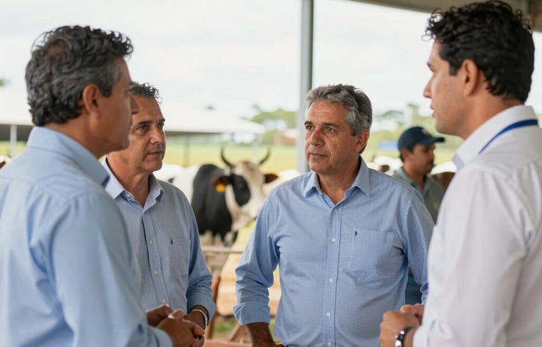 A group of professional Brazilian agronomists and cattle breeders in an outdoor agricultural fair setting, engaged in high-level networking and discussion, bright natural light, professional attire.