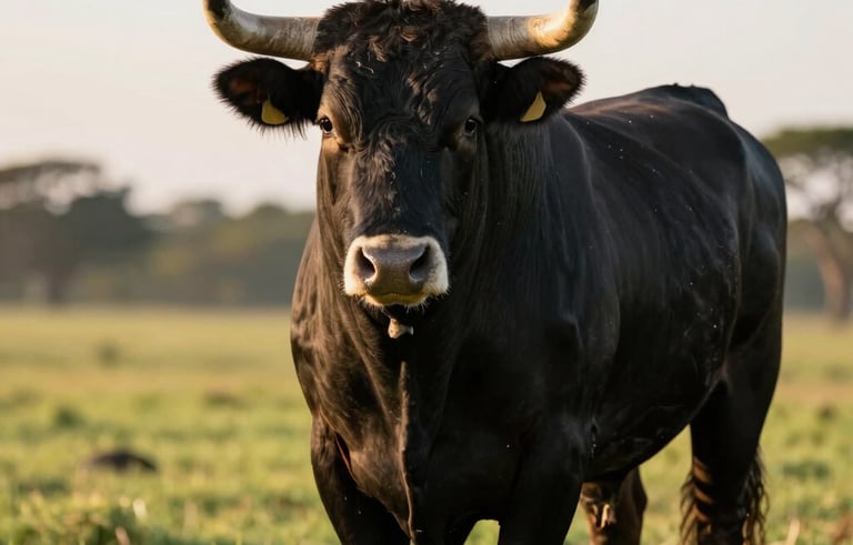 A professional close-up photograph of a majestic black Angus bull in a lush South American pasture during the golden hour, soft sunlight highlighting its powerful build, clean and sophisticated agricultural atmosphere.