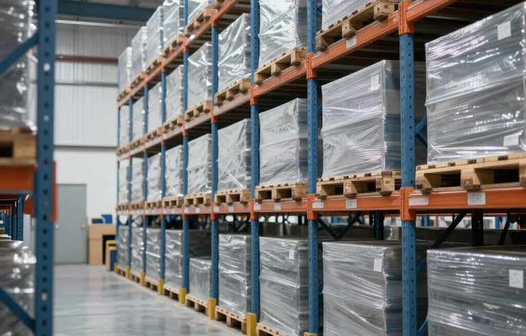 A clean, modern warehouse interior in Brazil with organized high-reaching shelves and stacked pallets. The lighting is bright and professional, highlighting a sense of efficiency and scale. The color palette features slate blue and light gray tones.