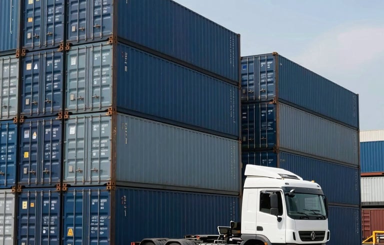 A professional scene at a Brazilian commercial port. Large shipping containers in navy and slate blue colors are stacked neatly. A modern truck is ready for loading in the foreground. Clean and crisp daytime lighting.