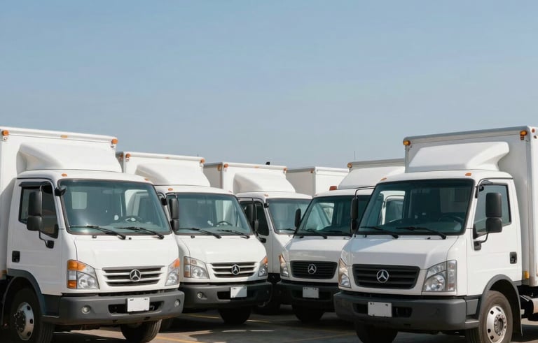 A fleet of clean, white delivery trucks lined up at a loading dock in South America. The composition is symmetrical and ordered, conveying reliability and professionalism. Clear blue sky in the background.
