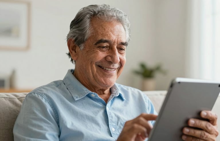 A close-up photograph of an elderly Latinoamericano man smiling warmly while looking at a tablet in a bright, sunlit living room with off-white walls. The lighting is soft and natural, conveying a sense of relief and security. Palette includes soft light blue accents.