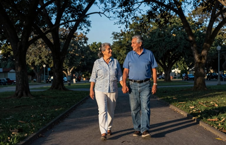 A photography of a joyful retired Latinoamericano couple walking hand-in-hand in a peaceful park during the golden hour. The composition is wide, showing trees and a stable environment. Palette of deep blue and soft light blue.