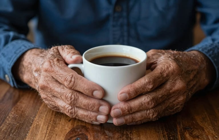 Close-up of two elderly hands holding a warm cup of coffee together on a wooden table, Latinoamericano context. The atmosphere is empathetic and secure. Rich textures and deep blue tones in the background.