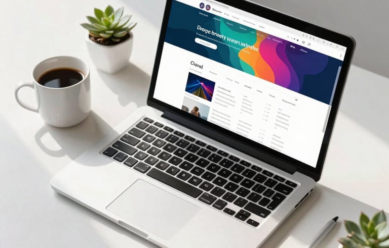 A clean, minimalist overhead shot of a modern workspace in a bright North American office. A sleek silver laptop sits on a white desk next to a white ceramic mug of coffee and a small succulent. The laptop screen shows a vibrant and clean website wireframe layout. Soft natural morning light creates gentle shadows.