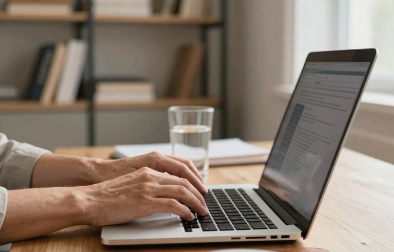 A close-up of professional hands typing on a modern laptop in a cozy, sun-drenched North American home office. The desk is organized with a leather mousepad, a glass of water, and a blurred background of a modern bookshelf. The atmosphere is calm, creative, and premium.