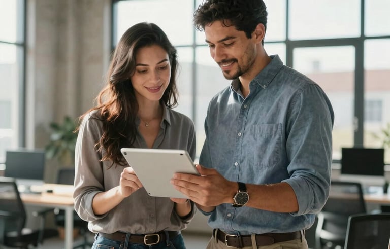 A professional North American man and woman in business casual attire standing in a sunlit, modern industrial-style office. They are looking at a tablet screen together and smiling, conveying a sense of collaboration, trust, and shared success. Clean lines and large windows in the background.